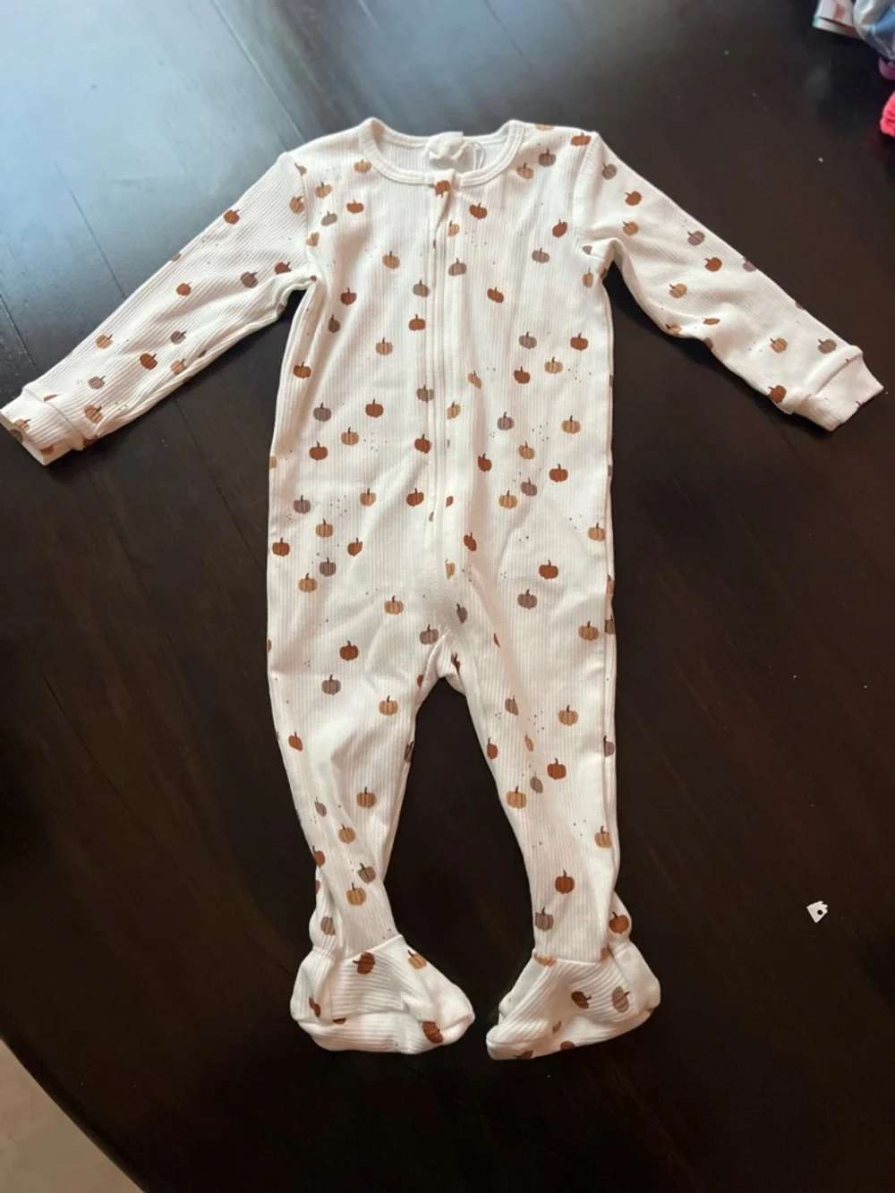 New - Firsts by Petit Lem Cream Pumpkin-Print Footed Onesie